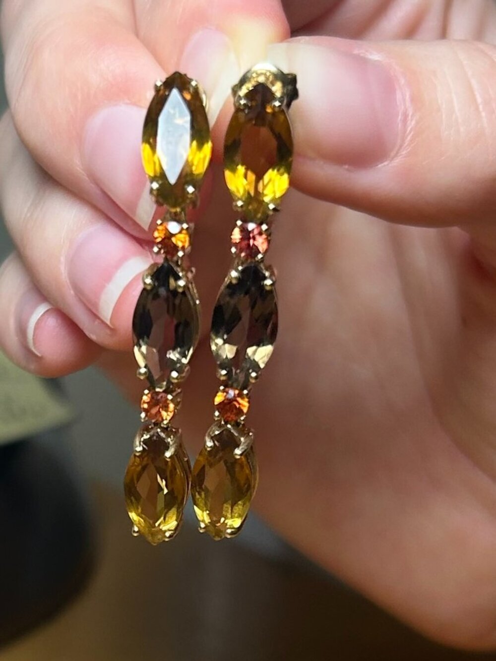 14K Yellow Gold w Smoky Citrine and Orange Sapphire Gemstones, Dangly Earrings.
